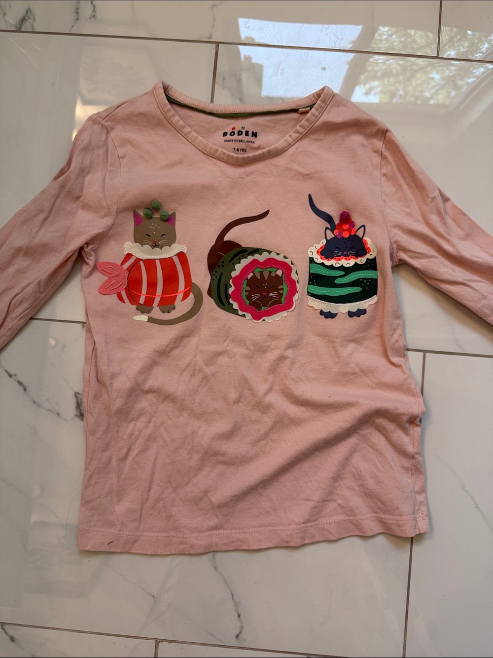 Mini Boden Pink Long-Sleeve Top with Cat Cupcake Appliqués
